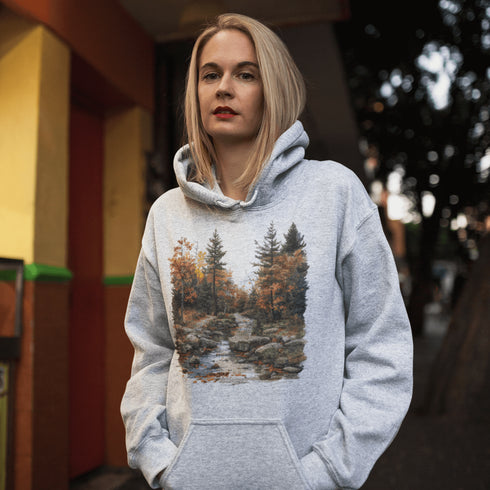 This stunning design features a serene autumn forest scene, complete with vibrant foliage and a peaceful creek winding its way through nature’s splendor.